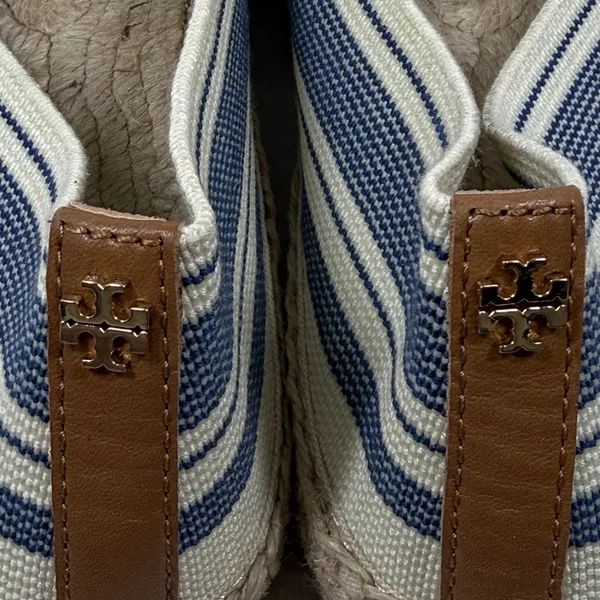 Tory Burch Striped Canvas Espadrille Flats Cream Blue Brown Slip On Shoes 9 - Image 6