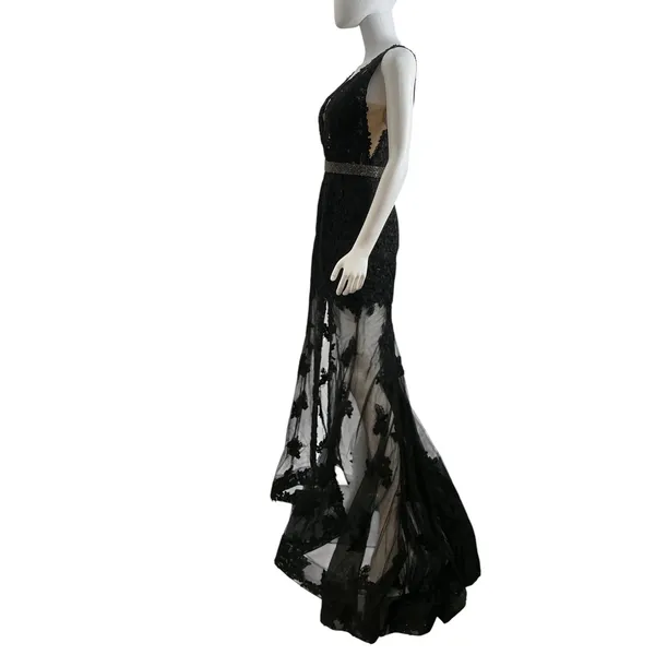 Sherri Hill Black Lace Plunging V-Neck Beaded Waist Formal Gown Dress Size 4 - Image 11