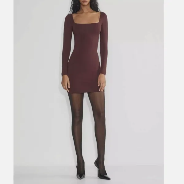 New Without Tags BROWN Babaton Contour Square Neck Long Sleeve Mini Dress - Image 2