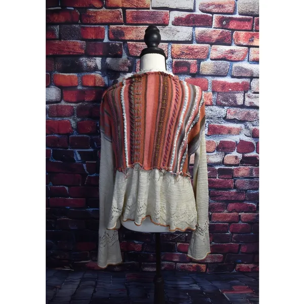 Free People Mixed Media Cardigan Striped Knit Pointelle Bell Sleeve Boho Medium - Image 2