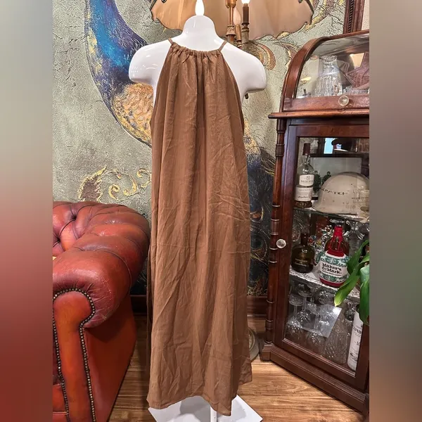 PRLA Boho Glam Tiered Maxi Dress Brown Halter Neck Sleeveless Medium NWT - Image 6