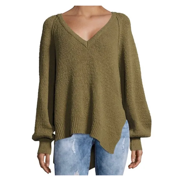 Free People West Coast Asymmetrical V Neck Long Sleeve Sweater Green XS - Image 3