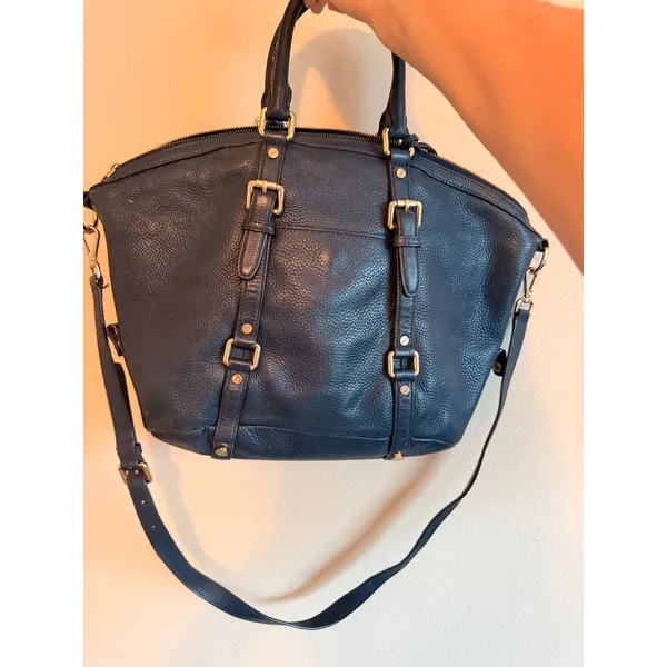 Michael Kors Womens Satchel Medium Navy Leather Bedford Gold Buckle Crossbody - Image 3