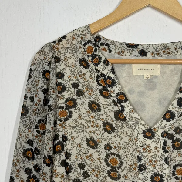 Melloday Babydoll Tunic Top Womens Size Small Tan Floral V-Neck Long Sleeve Boho - Image 7
