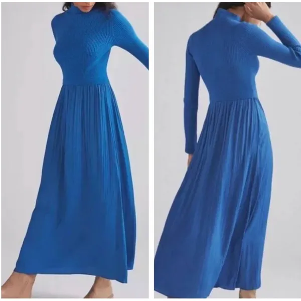 NEW Anthropologie The Thea Twofer Sweater Maxi Dress‎ Mock Turtle Neck M Blue - Image 2