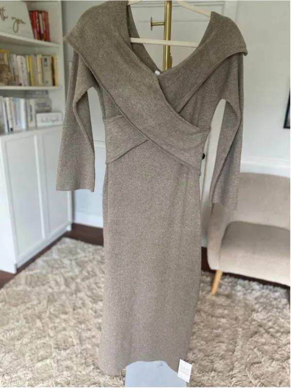 Pretty Lavish Bodycon Midi Dress Taupe Off Shoulder Knit Neutral Quiet Luxur NEW - Image 4