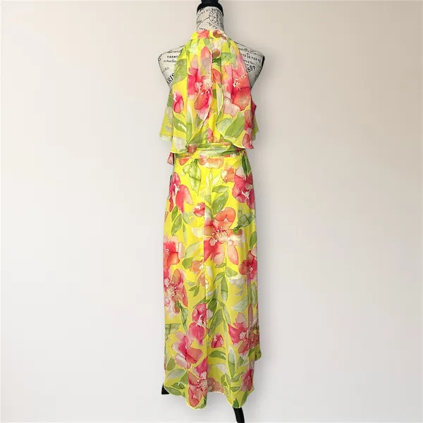 Eliza J Yellow Floral Halter High Low Maxi Dress 8‎ Chiffon Wedding Guest Party - Image 5