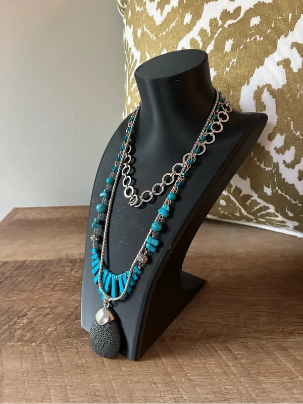 Silver Tone Faux Turquoise And Faux Charcoal Stone Necklaces, 3 - Image 4
