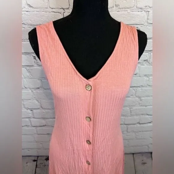 Roxy Pink Peach Dream Do‎ Ribbed Wood Button Front Mini Dress V Neck small - Image 3