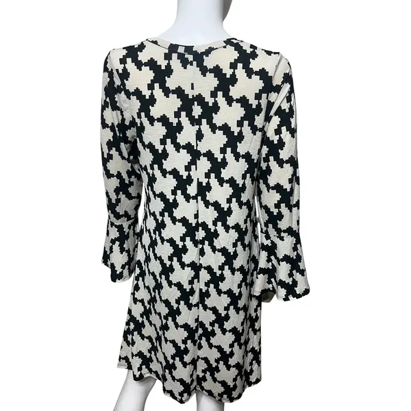 Womens Black Cream Geometric Print Swing Dress Bell Sleeve V Neck Large - Image 2