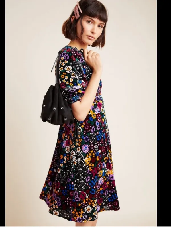 Anthropologie Multicolor Floral V-Neck Puff Sleeve Velvet Francie Mini Dress - Image 3