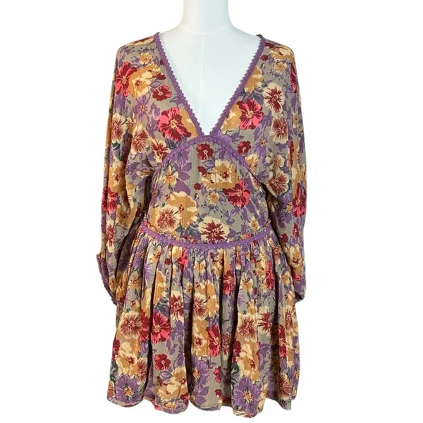Free People Bohemian Sweet Dreams Mini Dress Lavender Floral Lace Medium - Image 9