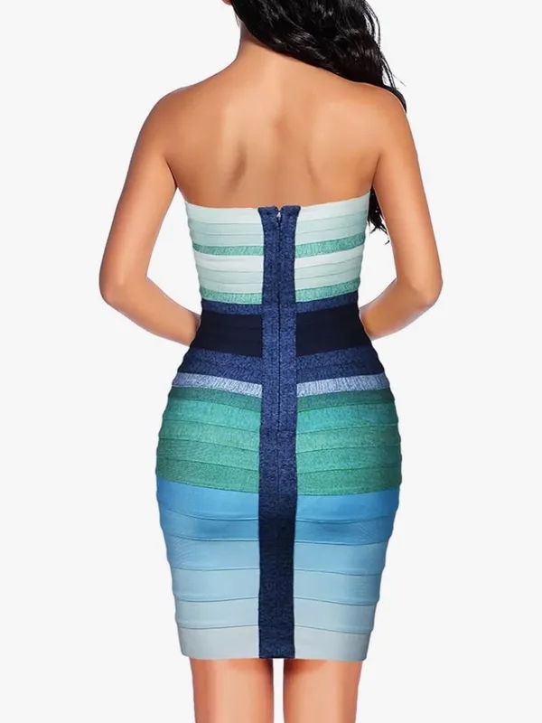Strapless Multicolor Bandage Dress - Green & Blue Stripe - Image 2