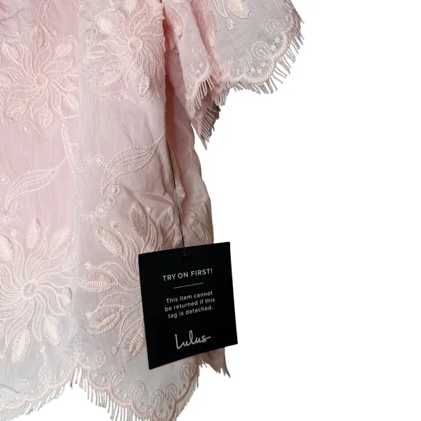 Lulus NWT Pink Floral Embroidered Tie Front Crop Top Scallop Hem Size Medium - Image 5