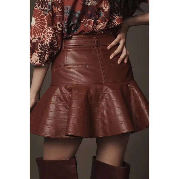 NWT!! Anthropologie PILCRO Fit-and-Flare Faux Leather‎ Mini Skirt Wine Moto 12 - Image 7