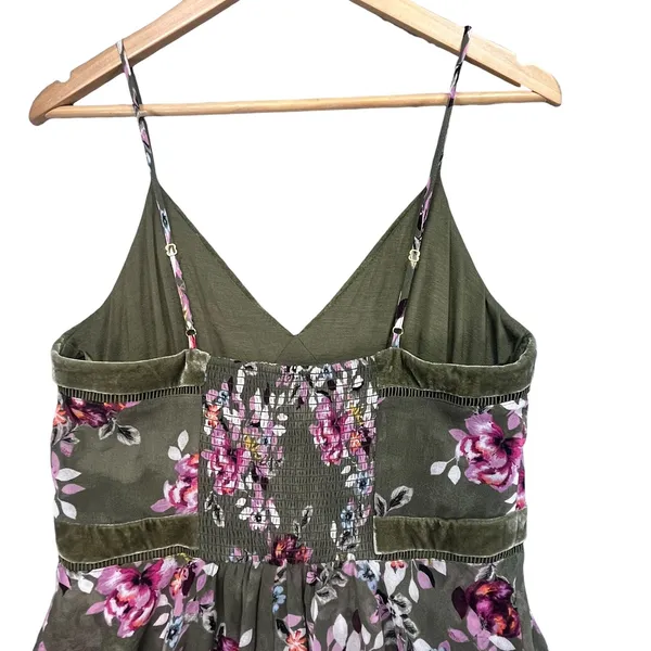 White House Black Market Olive Green Floral‎ Handkerchief Hem Midi Dress Size 8 - Image 4