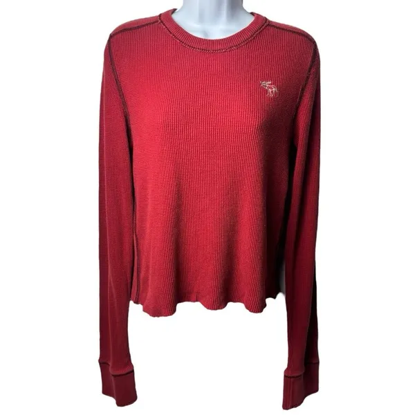 Y2K Abercrombie & Fitch Red Muscle Thermal Waffle Knit Extra Long Sleeve M‎ - Image 2