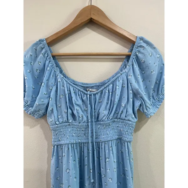 Hollister Blue Swiss Dot Puff Sleeve‎ Ruched Coquette Mini Dress Small - Image 4