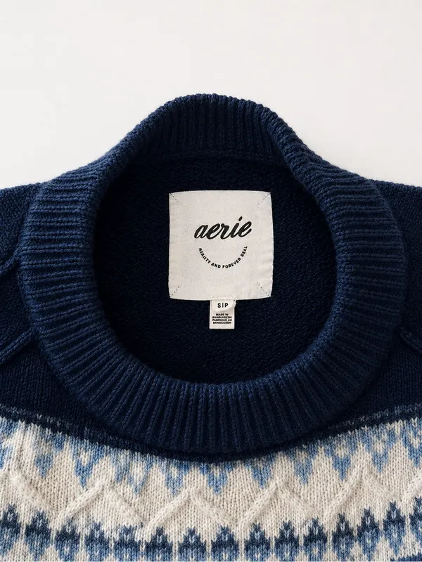 Aerie Fair Isle Nordic Knit Sweater Navy Blue Crewneck Pullover Size S/P - Image 5