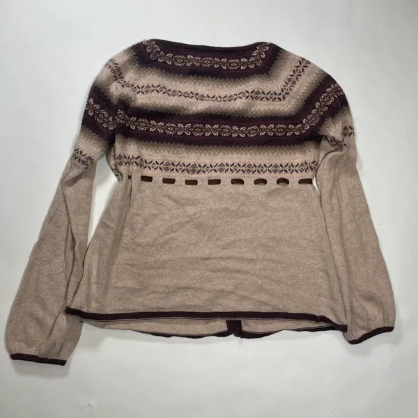 Merino Wool Blend Sweater Cardigan Womens Size L Cream Brown V-Neck - Image 2