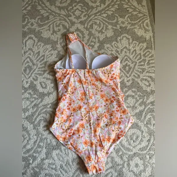 Kona Sol One Piece Swimsuit Floral Pink Orange Lightly Padded Ruched Size L - Image 6