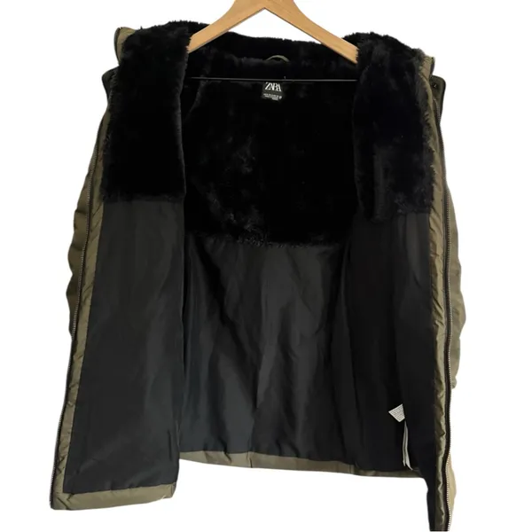 Zara Olive Green Down Puffer Coat Small Faux Fur‎ Hood - Image 4