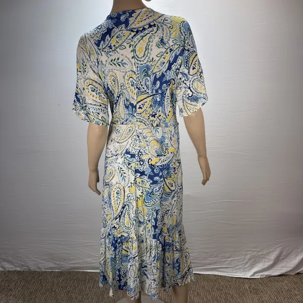 Ralph Lauren‎ Paisley A-Line Midi Dress Size L Blue White Linen Viscose Jersey - Image 6