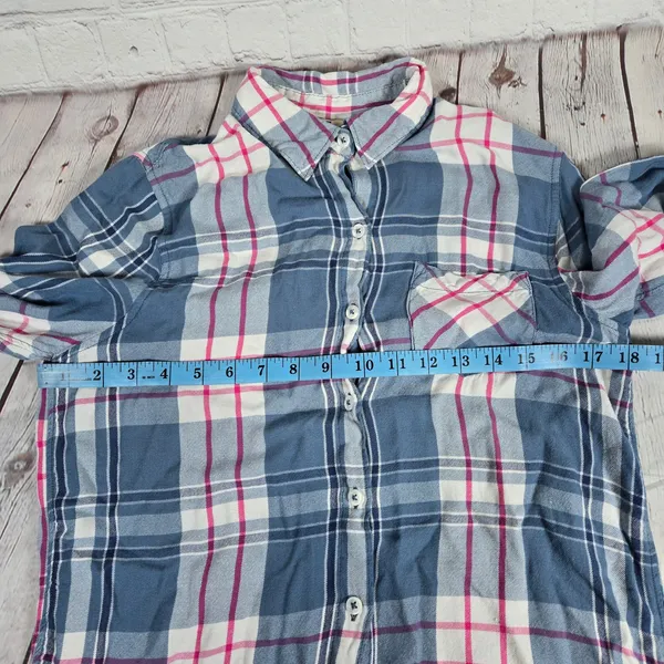 Woolrich Plaid‎ Button Down Shirt Womens M Blue Pink Long Sleeve Rayon - Image 8