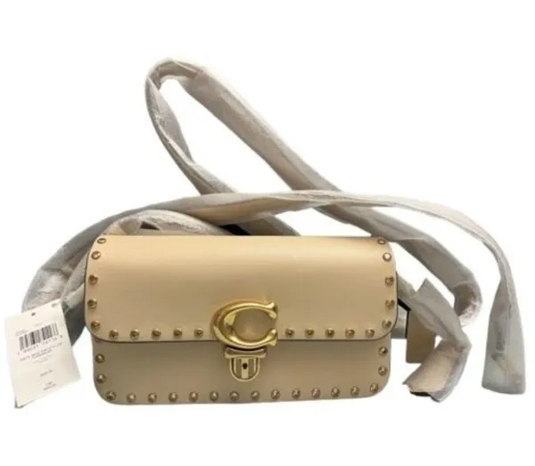 Coach Ivory Glove Tan Leather w/ Crystal Rivets Studio Baguette Shoulder Bag New - Image 5