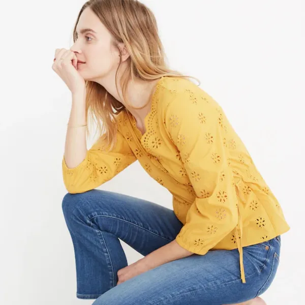 Madewell Mustard Yellow Eyelet Faux Wrap Shirt Size Small - Image 13