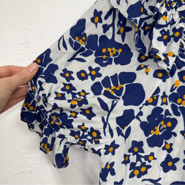 Cabellero Blue White Floral Silk Blend Blouse Womens L Puff Sleeve Boho Shirt - Image 4