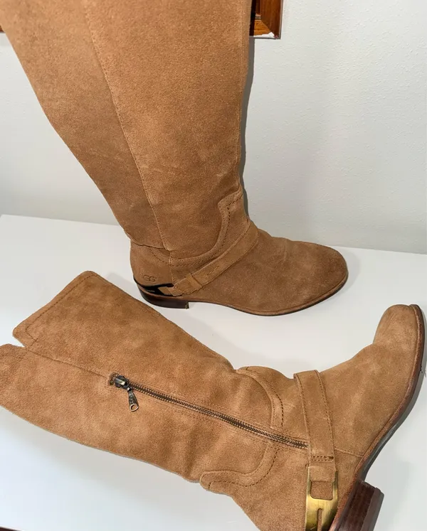 UGG Channing Suede Riding Boots Chestnut Brown Buckle - Image 7