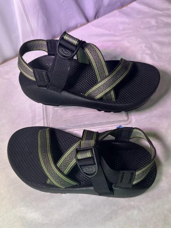Chacos Black Sandal with Olive and Tan Striped Webbing - Image 3