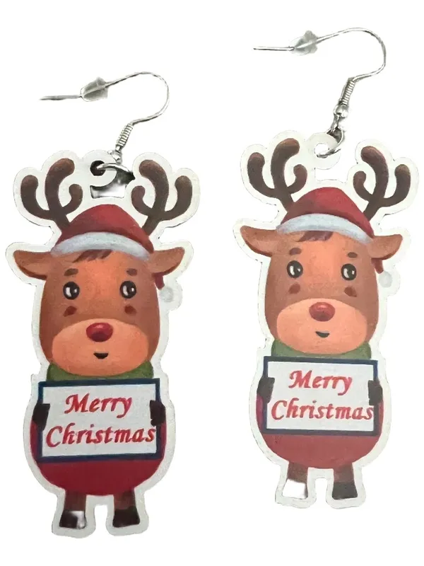Handmade Christmas Holiday Reindeer Dangle Wood Earrings NWT - Image 2