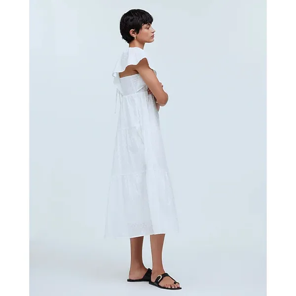 Madewell Tie Back Flutter Sleeve Tiered Midi Dress White Cottagecore US 00 NWT - Image 4