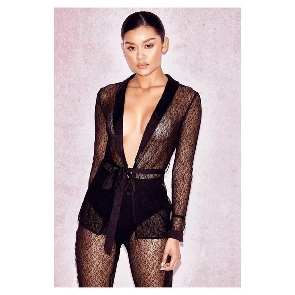 House Of CB London SHEER BLACK LACE TUXEDO AND TROUSERS TWO PIECE SET - Image 3