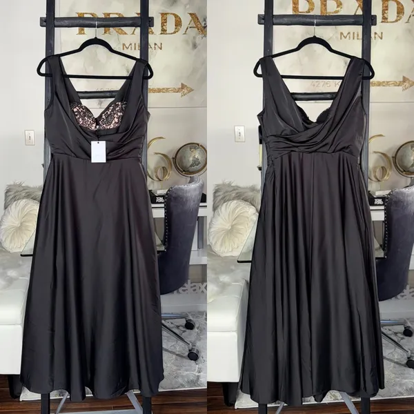 Sau Lee Black Satin Lace Bodice Drape Midi Dress Womens Size US 8 New NWT - Image 2
