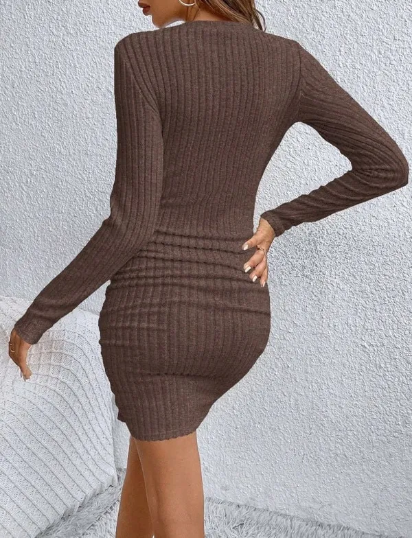 Dark Brown V-Neck Slim Fit Long Sleeve Knit Dress - Image 2