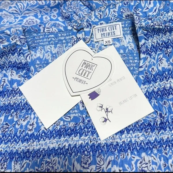 NWT Pink City Prints Isabel Dress XS Ornate Sky Blue Cotton Smocked Midi - Image 8