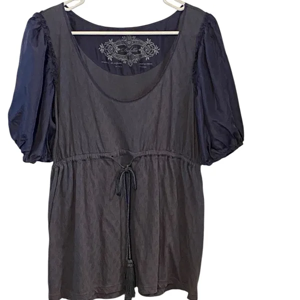 Anthropologie Deletta Elegant Blue puff sleeve belted tassle Top silk cotton - Image 9