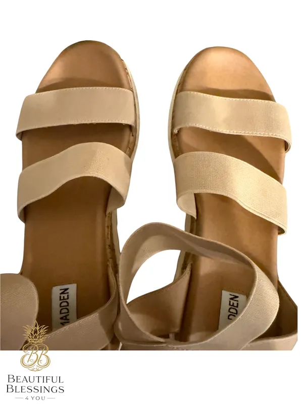 Steve Madden platform Sandals Women 8.5 Beige Elastic Strap Cork Wedge Comfort - Image 5