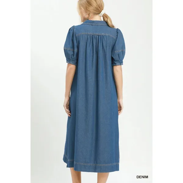 Umgee Chambray‎ Collared Puff Sleeve Dress - Denim - Small - Image 3