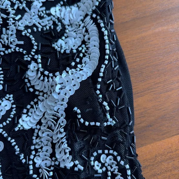 90s Vintage Cache Top Large Black White Beaded Sequin Floral Y2K Glam Whimsygoth - Image 16