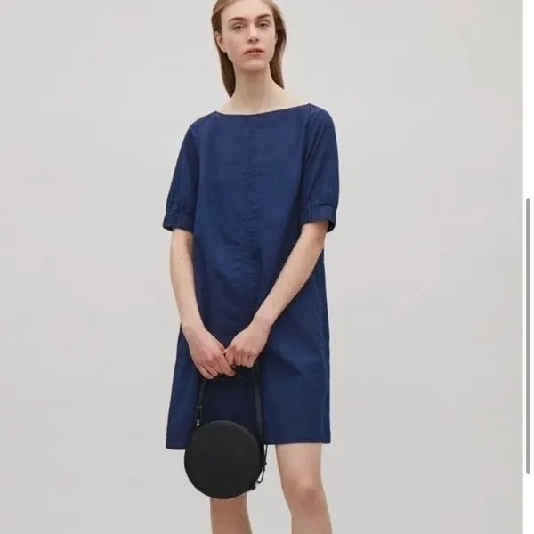 [COS] Blue Chambray Denim Half Sleeve Boat Neck Shift A-Line Mini Dress Size 6 - Image 13