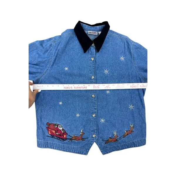 Vintage Bill Blass‎ Holiday Denim Shirt Santa Embroidery Black Velvet Collar XL - Image 5