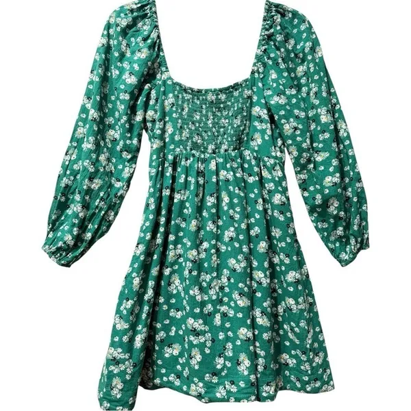 Anthropologie Puff Sleeve Button Front‎ Ruched Green Floral Mini Dress Small - Image 6