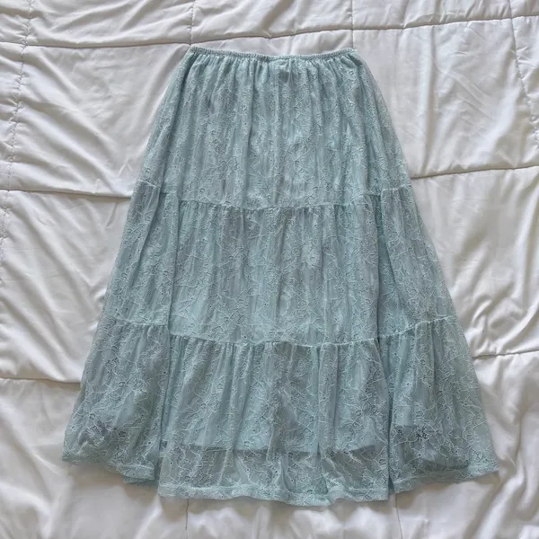 Light Blue Floral Lace Tiered Midi Skirt Boho Cottagecore Peasant Small - Image 7