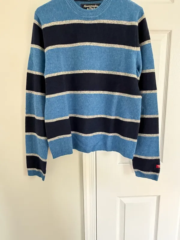 Abercrombie & Fitch Men's Sweater Lambswool Blend Blue Striped L Muscle Y2K VTG - Image 3