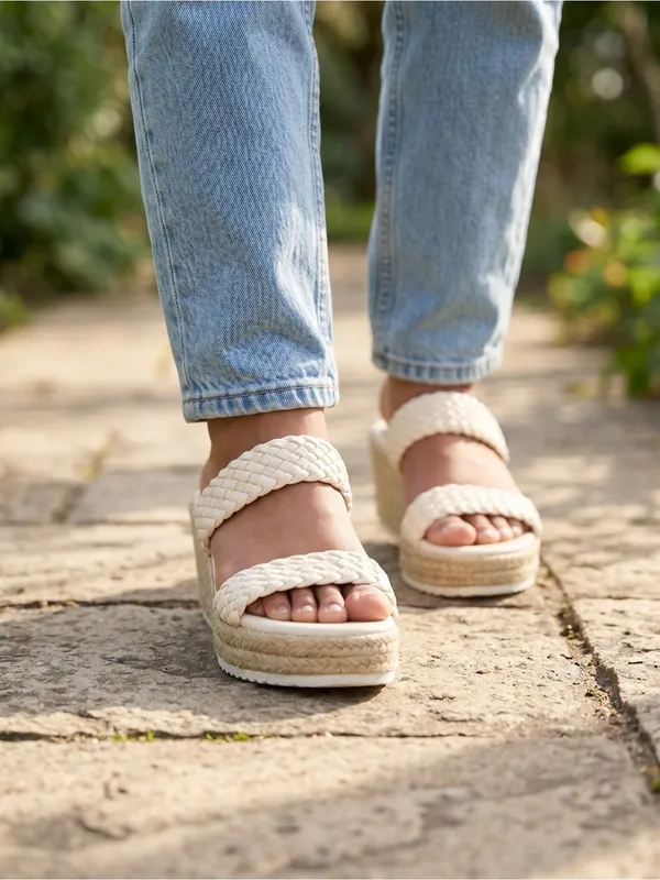 Woven Cream Platform Sandals for Women - Elevated Casual Style - Image 2