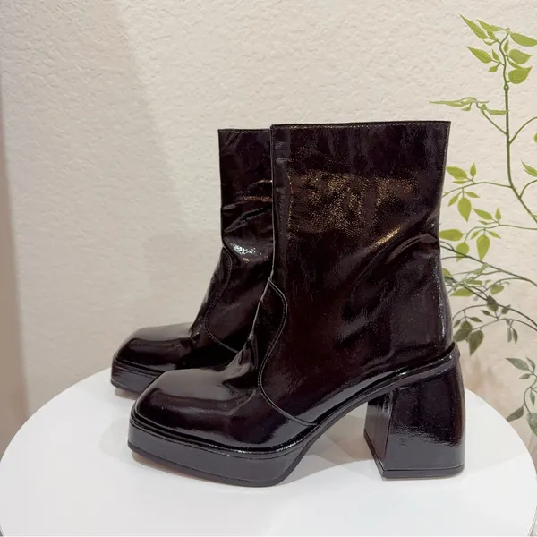 Free People Ruby Shine Platform Leather Ankle Heeled Boots Size 38 NIB - Image 4